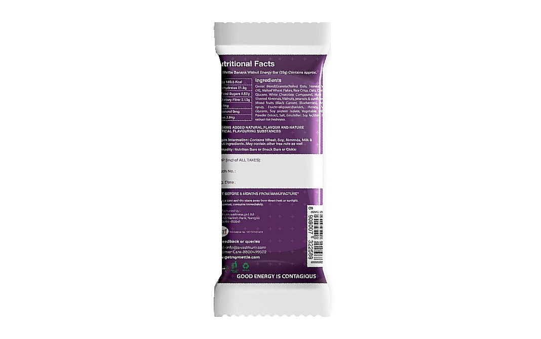 Mettle Banana Walnut Energy Bar   Pack  35 grams